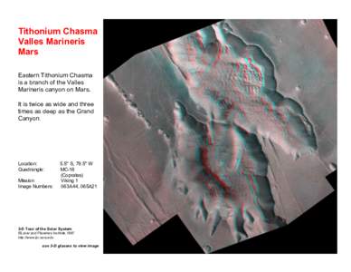 Tithonium Chasma Valles Marineris Mars Eastern Tithonium Chasma is a branch of the Valles Marineris canyon on Mars.