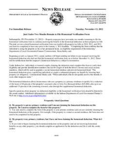 NEWS RELEASE INDIANA GOVERNMENT CENTER NORTH 100 NORTH SENATE AVENUE N1058(B) INDIANAPOLIS, IN[removed]PHONE[removed]FAX[removed]