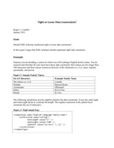 Tight or Loose Data Constraints? Roger L. Costello January 2011 Issue Should XML Schemas implement tight or loose data constraints?