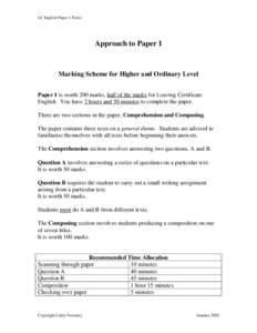 LC English Paper 1 Notes  Approach to Paper 1 Marking Scheme for Higher and Ordinary Level Paper 1 is worth 200 marks, half of the marks for Leaving Certificate