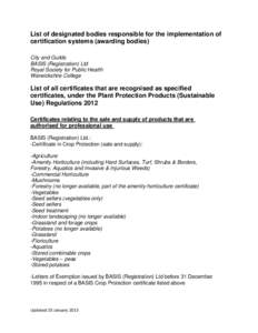 List of designated bodies responsible for the implementation of certification systems (awarding bodies) City and Guilds BASIS (Registration) Ltd Royal Society for Public Health Warwickshire College