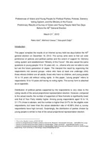 Preferences of Voters and Young People for Political Parties, Policies, Demeny Voting System, and the Ministry of the Future Preliminary Results of Survey of Voters and Young People Held Two Days Before the 46th General 