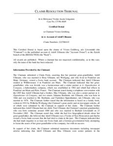 CLAIMS RESOLUTION TRIBUNAL In re Holocaust Victim Assets Litigation Case No. CV96-4849 Certified Denial to Claimant Vivien Goldberg in re Account of Adolf Ullmann