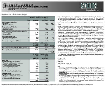 HIGHLIGHTS OF 2013 INTERIM RESULTS For the six months ended 30 June[removed]Note unaudited