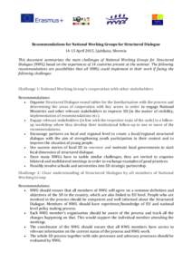 Recommendations for National Working Groups for Structured DialogueApril 2015, Ljubljana, Slovenia This document summarizes the main challenges of National Working Groups for Structured Dialogue (NWG) based on the