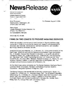 News Release National Aeronautics and Space Administration Langley Research Center Hampton, Virginia[removed]