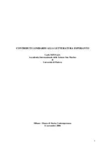 CONTRIBUTI LOMBARDI ALLA LETTERATURA ESPERANTO Carlo MINNAJA Accademia Internazionale delle Scienze San Marino