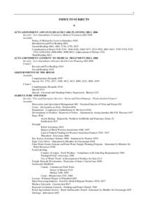 1  INDEX TO SUBJECTS A ACTS AMENDMENT (ADVANCE HEALTH CARE PLANNING) BILL 2006 See also “Acts Amendment (Consent to Medical Treatment) Bill 2006