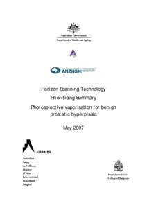 Horizon Scanning Technology Prioritising Summary Photoselective vaporisation for benign prostatic hyperplasia May 2007