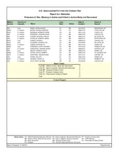 U.S. Unaccounted-For from the Vietnam War Report for: Nebraska Prisoners of War, Missing in Action and Killed in Action/Body not Recovered Military Service