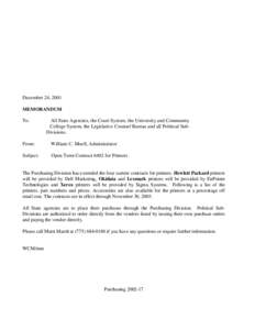 December 24, 2001 MEMORANDUM To: All State Agencies, the Court System, the University and Community College System, the Legislative Counsel Bureau and all Political SubDivisions.