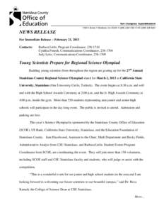 NEWS RELEASE For Immediate Release – February 21, 2013 Contacts: Barbara Little, Program Coordinator, [removed]Cynthia Fenech, Communications Coordinator, [removed]