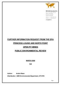 a  FURTHER INFORMATION REQUEST FROM THE EPA PRINCESS LOUISE AND NORTH POINT OPEN PIT MINES PUBLIC ENVIRONMENTAL REVIEW