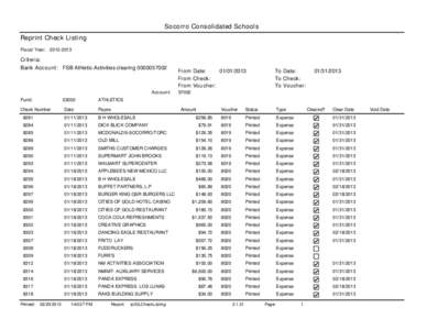 Socorro Consolidated Schools Reprint Check Listing Fiscal Year: [removed]Criteria: Bank Account: FSB Athletic-Activities clearing[removed]