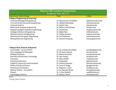 Missouri S&T Academic Departments Academic YearDepartment within College College of Engineering & Computing Chemical & Biological Engineering Civil, Arch & Environmental Engineering