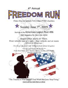 4th Annual  Poker Run to benefit N.E. Ohio PTSD charities Sunday June 7th, 2015 Starting at the American