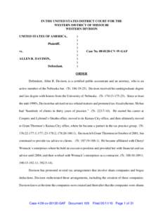 IN THE UNITED STATES DISTRICT COURT FOR THE WESTERN DISTRICT OF MISSOURI WESTERN DIVISION UNITED STATES OF AMERICA, Plaintiff, vs.