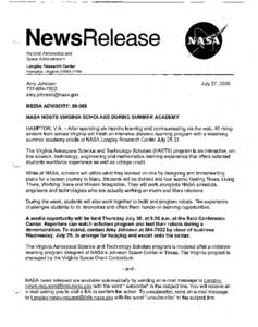 NewsRelease National Aeronautics and Space Administration Langley Research Center Hampton, Virginia[removed]