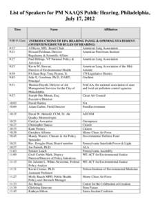 List of Speakers for PM NAAQS Public Hearing, Philadelphia, July 17, 2012 Time 9:00-9:15am 9:15