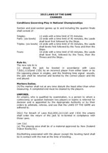 2015 LAWS OF THE GAME CHANGES Conditions Governing Play in National Championships Section and post-section games up to and including the quarter-finals shall consist of: Singles: