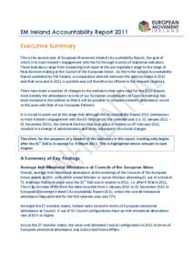 EM Ireland Accountability Report 2011 Executive Summary This is the second year of European Movement Ireland’s Accountability Report, the goal of which is to track Ireland’s engagement with the EU through a series of