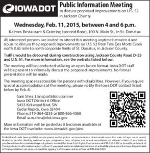 Public Information Meeting  to discuss proposed improvements on U.S. 52 in Jackson County  Wednesday, Feb. 11, 2015, between 4 and 6 p.m.