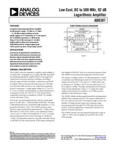 Low Cost, DC to 500 MHz, 92 dB Logarithmic Amplifier AD8307 FUNCTIONAL BLOCK DIAGRAM  FEATURES