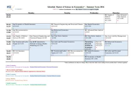 Schedule Master of Science in Economics* – Summer Term 2016 • • • • • Indicate Specialization Areas. Blue Shaded Courses are taught in English Monday Tuesday