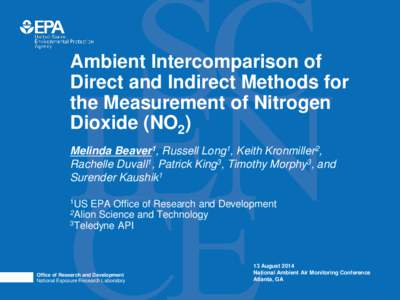 Ambient Intercomparison of Direct and Indirect Methods for the Measurement of Nitrogen Dioxide (NO2) Melinda Beaver1, Russell Long1, Keith Kronmiller2, Rachelle Duvall1, Patrick King3, Timothy Morphy3, and