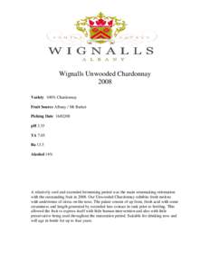 Wignalls Unwooded Chardonnay 2008 Variety 100% Chardonnay Fruit Source Albany / Mt Barker Picking DatepH 3.35