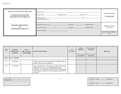 Revised[removed]APPLICATION REVIEW CHECKLIST Facility Name: ________________________________________________________________________________________ 40 CFR 264 Subpart O