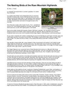 Page 1 of 3  The Nesting Birds of the Roan Mountain Highlands By Allan J. Trently In northeast Tennessee there is a birder’s paradise; it is called Roan Mountain.