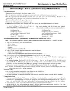 NEW YORK STATE DEPARTMENT OF HEALTH Vital Records Section Mail-in Application for Copy of Birth Certificate  Information Page  Mail-in Application for Copy of Birth Certificate