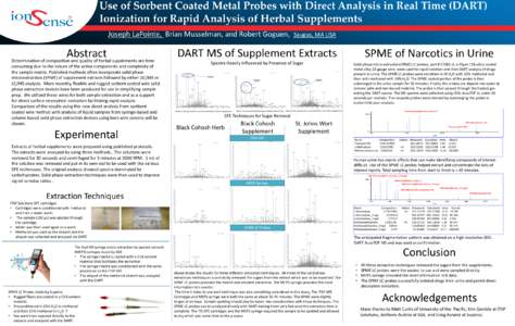 Use of Sorbent Coated Metal Probes with Direct Analysis in Real Time (DART) Ionization for Rapid Analysis of Herbal Supplements Joseph LaPointe, Brian Musselman, and Robert Goguen, Saugus, MA USA DART MS of Supplement Ex