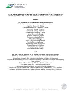 EARLY CHILDHOOD TEACHER EDUCATION TRANSFER AGREEMENT Between COLORADO PUBLIC COMMUNITY/JUNIOR COLLEGES: Arapahoe Community College Colorado Northwestern Community College Community College of Aurora