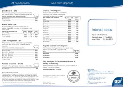 At call deposits  Fixed term deposits Direct Saver - S10