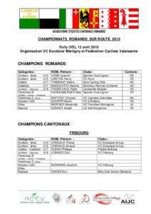 ASSOCIATIONS CYCLISTES CANTONALES ROMANDES  CHAMPIONNATS ROMANDS SUR ROUTE 2015 Fully (VS), 12 avril 2015 Organisation VC Excelsior Martigny et Fédération Cycliste Valaisanne