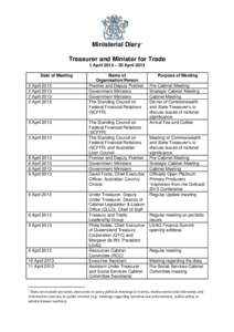 Ministerial Diary1 Treasurer and Minister for Trade 1 April 2013 – 30 April 2013 Date of Meeting 2 April[removed]April 2013