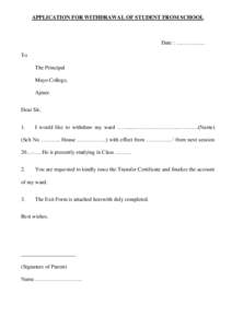 APPLICATION FOR WITHDRAWAL OF STUDENT FROM SCHOOL
