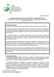 Original en anglais Déclaration du Comité permanent de l’ARE sur l’Egalité des Chances Adoptée lors de l’Assemblée générale de l’ARE réunie à Ponta Delgada (Açores-P) le 24 novembreProjet de déc