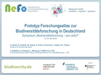 Prototyp Forschungsatlas zur Biodiversitätsforschung in Deutschland Symposium „Biodiversitätsforschung – quo vadis?“ Mai Berlin K. Reuter, K. Vohland, M. Timpte, A. Ponte, S. Gennrich, J. Apkes, & C. Häu