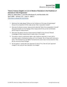 Journal Club Obstetrics & Gynecology 1  “Ductus Venosus Doppler at 11 to 13 Weeks of Gestation in the Prediction of 