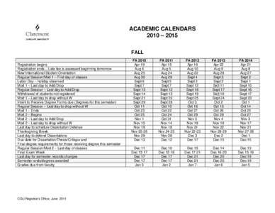 ACADEMIC CALENDARS 2010 – 2015 FALL Registration begins Registration ends – Late fee is assessed beginning tomorrow New International Student Orientation