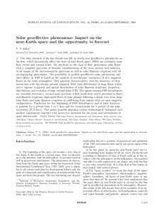 RUSSIAN JOURNAL OF EARTH SCIENCES, VOL. 10, ES3005, doi:2007ES000247, 2008  Solar geoeffective phenomena: Impact on the near-Earth space and the opportunity to forecast V. N. Ishkov1 Received 22 November 2007; ac