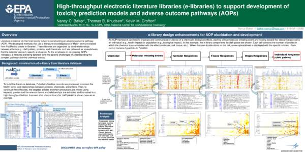 High-throughput electronic literature libraries (e-libraries) to support development of toxicity prediction models and adverse outcome pathways (AOPs) Nancy C. Baker1, Thomas B. Knudsen2, Kevin M. Crofton2 1Lockheed  Mar