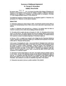 Summary of Settlement Agreement Dr. George S. Richardson Halifax, Nova Scotia C -:;-