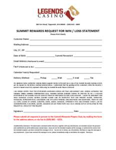 580 Fort Road, Toppenish, WA 98948 – ([removed] – 8800  SUMMIT REWARDS REQUEST FOR WIN / LOSS STATEMENT Please Print Clearly  Customer Name: ________________________________________________________________