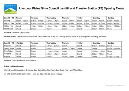 Liverpool Plains Shire Council Landfill and Transfer Station (TS) Opening Times  Landfill / TS Monday