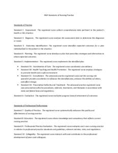 ANA Standards of Nursing Practice  Standards of Practice Standard 1: Assessment: The registered nurse collects comprehensive data pertinent to the patient’s health or the situation. Standard 2: Diagnosis: The registere