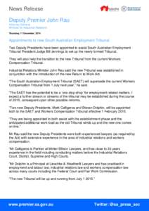 News Release Deputy Premier John Rau Attorney-General Minister for Industrial Relations Thursday, 11 December, 2014